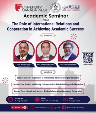 🎓 خبر مميّز لكلّ متخصصي التعليم العالي والطلاب!
انضمّوا إلينا مساء الخميس 21 أغسطس 2025 | الساعة 9:00 بتوقيت الإمارات في ندوتنا الافتراضية عالية التأثير حول دور العلاقات الدولية والتعاون في تحقيق النجاح الأكاديمي.
🔍 ما ستكسبه خلال الساعة القادمة  
• رؤى قابلة للتنفيذ لاستغلال الشراكات العالمية في رفع تصنيف الجامعات وتأثيرها البحثي.  
• دراسات حالة مباشرة من الجامعة الأفروآسيوية والجامعة الكندية ويست حول بناء برامج تبادل مستدامة.  
• أطر عمل عملية لتجاوز حواجز التنقل الأكاديمي وتوسيع المبادرات عبر الحدود.
🎙 المتحدثان الرئيسيان  
الأستاذ الدكتور . أحمد صبيحي | الجامعة الأفروآسيوية  
الأستاذ الدكتور . إسلام الحجراتي | الجامعة الكندية ويست
ملخص الأجندة 
الأستاذ الدكتور . كُمِيل مامَجانوف | الجامعة الكندية ويست
1️⃣ العلاقات الدولية في التعليم العالي – مقابض السياسات والعائد على الاستثمار.  
2️⃣ التبادل الطلابي والأكاديمي – القيادة، الذكاء الثقافي، والمكاسب الثنائية.  
3️⃣ قصص النجاح – نماذج قابلة للتطوير والتوسع.
🔗 رابط الدخول :  https://meet.google.com/wxc-bfeb-ekc  
أشرك زميلًا أو طالبًا يجب أن يكون معنا – لنعزز معًا ثقافة التعلّم العالم
-----------------------------------------
🎓 Exciting News for Higher-Ed Professionals & Students!
Join us this Thursday, 21 Aug 2025 | 9:00 p.m. UAE for a high-impact virtual seminar on how international relations and strategic cooperation drive academic excellence.
🔍 What you’ll gain
• Actionable insights into leveraging global partnerships to boost university rankings and research impact
• First-hand case studies from Afro-Asian University & University Canada West on building sustainable exchange programs
• Practical frameworks to overcome mobility barriers and scale cross-border initiatives
🎙 Featured Speakers
Prof. Ahmed Sebihi | Afro-Asian University
Prof. Eslam ALHOGARATY |  University Canada West
Agenda Snapshot
Prof. Komil Mamajanov |  University Canada West
1️⃣ International Relations in Higher Ed – policy levers & ROI
2️⃣ Student & Faculty Exchange – leadership, cultural intelligence, bilateral wins
3️⃣ Success Stories – scalable models and lessons learned
🔗 Link to Join : https://meet.google.com/wxc-bfeb-ekc
Tag a colleague or student who should be in the room—let’s amplify global learning together.
#AfroAsianUniversity #UniversityCanadaWest #AAU #UCW #HigherEducation #InternationalPartnerships #AcademicExcellence #StudentExchange #EdLeadership #UAE
